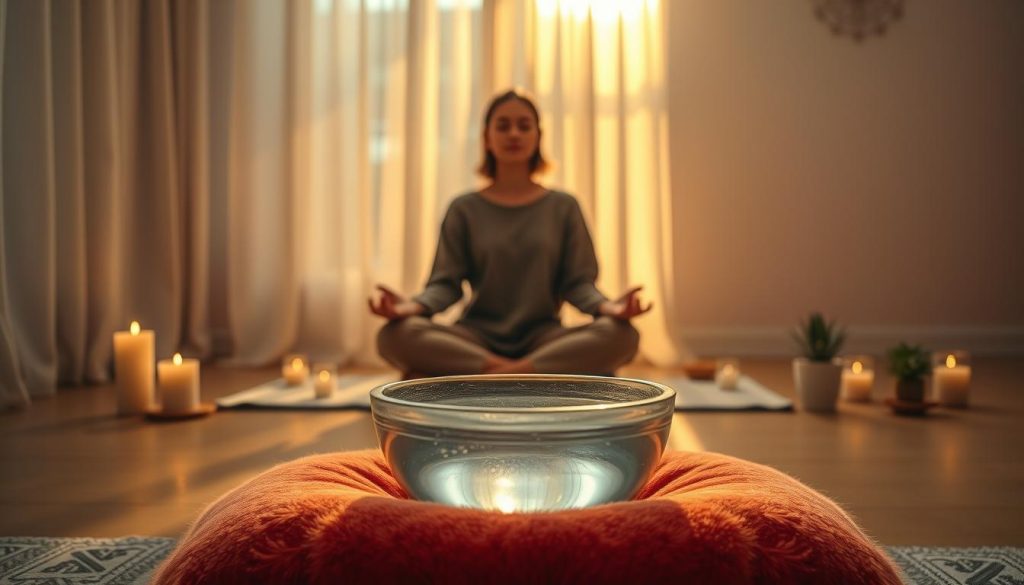 A serene meditation scene set in a softly lit, tranquil indoor space. In the foreground, a crystal Tibetan singing bowl resting on a plush, vibrant meditation cushion. The bowl reflects subtle light, creating a soft, glowing effect. In the middle ground, a person seated cross-legged, dressed in modest, comfortable attire, eyes closed in deep meditation. Soft rays of warm golden light filtering through sheer curtains create a soothing atmosphere. Surrounding them are candles emitting a gentle flicker and small potted plants that enhance the sense of calm. The background shows a simple, serene wall adorned with faint spiritual symbols, fostering a peaceful ambiance. The overall mood is tranquil and reflective, inviting onlookers to experience meditation and sound healing.