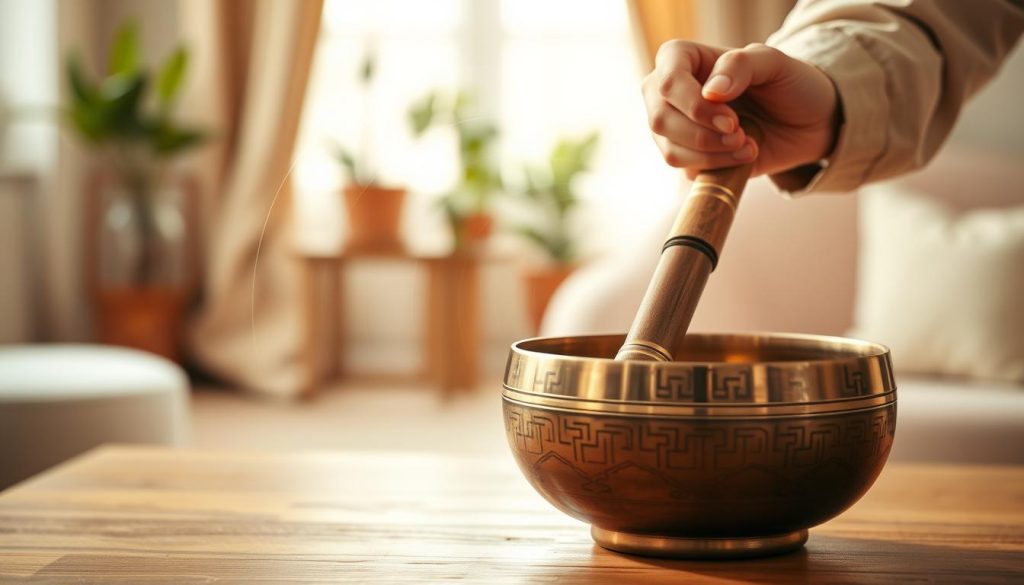 A serene scene depicting a Tibetan singing bowl in action, placed prominently in the foreground on a wooden table. The bowl, intricately designed with traditional patterns, gleams softly under warm, natural lighting. In the middle ground, a gentle human hand, dressed in modest attire, gracefully rubs a mallet around the bowl’s rim, producing harmonious vibrations that resonate visually through sound waves illustrated as soft, ethereal lines. The background reveals a tranquil setting with a blurred indoor space featuring soft fabrics and a few houseplants, enhancing the peaceful atmosphere. The overall mood is calming and reflective, inviting viewers to explore the daily use and benefits of the Tibetan bowl. The composition captures a sense of spirituality and mindfulness integral to the practice.