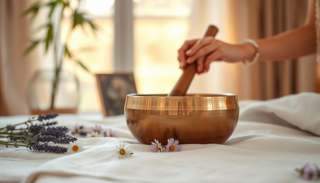 A serene setting featuring a Tibetan singing bowl resting on a soft, textured cloth. In the foreground, the singing bowl is polished bronze, reflecting soft hues of amber and gold under gentle lighting. The bowl is surrounded by delicate flowers like lavender and chamomile, symbolizing calm and tranquility. In the middle ground, a pair of hands, adorned with simple bracelets, gracefully holds a mallet, poised to strike the bowl, capturing the moment of sound creation. The background is softly blurred, featuring calming natural elements like a bamboo plant and warm, diffused sunlight entering through a window, creating a peaceful, meditative atmosphere. The overall mood is one of balance and relaxation, inviting the viewer to experience the harmony of sound and wellness.