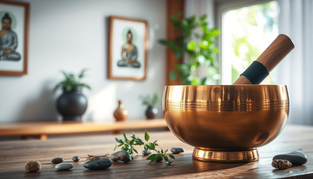A serene setting showcasing a Tibetan singing bowl positioned prominently in the foreground, made of polished bronze, reflecting warm light. The bowl is surrounded by delicate stones and fragrant herbs, symbolizing its healing properties. In the middle ground, a softly lit room with natural wooden elements, displaying Tibetan artwork and a small indoor plant, adding life to the scene. The background features a tranquil window revealing lush greenery, inviting a sense of calm and relaxation. The overall atmosphere is peaceful and meditative, with soft, diffused lighting creating gentle shadows. The perspective is slightly angled to emphasize the bowl, inviting viewers to focus on its beauty and the benefits it represents.