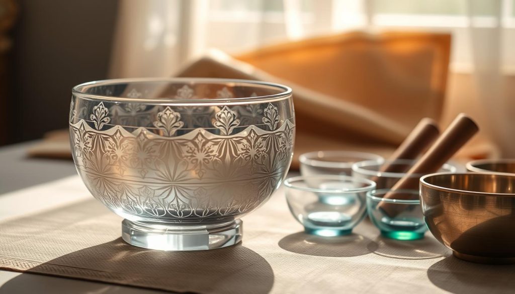 A serene still life featuring a variety of crystal singing bowls, showcasing different weights and diameters. In the foreground, place a large, beautifully crafted crystal bowl with intricate designs reflecting light, demonstrating its clarity and brilliance. Next to it, position smaller bowls, each varying slightly in size and weight, to emphasize their practicality for transport. In the middle background, include a soft fabric or natural mat to hint at a Tibetan theme, while gently diffused natural sunlight filters in, creating sparkles and reflections. The atmosphere should be calm and tranquil, evoking a sense of mindfulness and serenity, ideal for a setting where these bowls might be used. The lens should focus sharply on the bowls, with a shallow depth of field to blur the background slightly, enhancing the subject's prominence.