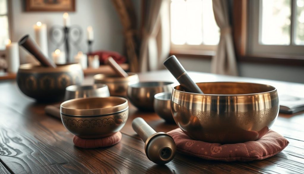A serene, well-lit scene showcasing an assortment of Tibetan singing bowls of various sizes and materials arranged on a beautifully textured wooden table. In the foreground, a large, intricately designed brass singing bowl, gently reflecting light, sits next to an elegant mallet and a cushion. In the middle ground, smaller bowls made of different metals like copper and zinc, each placed with care, highlight the diversity and beauty of these instruments. Soft, diffused natural light filters in from a window, casting calming shadows that enhance the peaceful mood. In the background, subtle hints of a meditative setting, such as candles and natural fabrics, create a tranquil atmosphere. The image should evoke a sense of spirituality and mindfulness, focusing on the art of choosing the ideal Tibetan bowl.