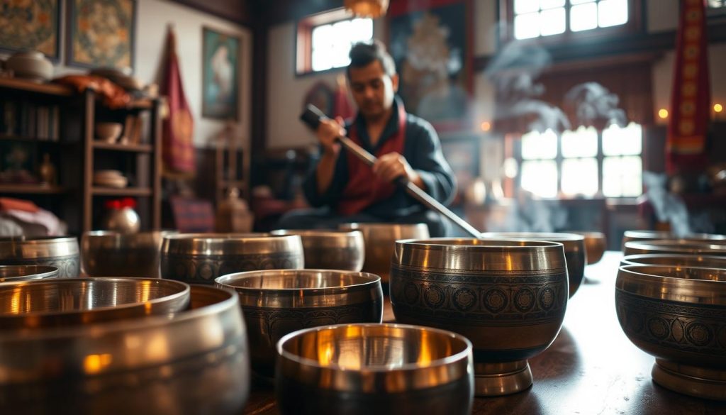 A tranquil indoor setting featuring a variety of Tibetan singing bowls, showcasing their intricate metallic compositions. In the foreground, several bowls of different sizes are artfully arranged, highlighting their unique textures and reflective surfaces. The middle layer reveals a skilled artisan gently playing one of the bowls with a mallet, their hands gracefully positioned. The background presents a softly lit space, adorned with traditional Tibetan decor, such as colorful textiles and incense smoke wafting in the air. The lighting is warm and ambient, casting gentle shadows that enhance the peaceful atmosphere, evoking a sense of calm and meditation. The angle captures both the details of the bowls and the artisan’s expertise, inviting the viewer into the serene world of Tibetan craftsmanship.