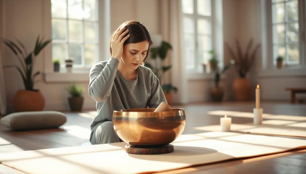 A tranquil wellness studio setting, softly lit with natural light pouring in through large windows, illuminating a serene atmosphere. In the foreground, a person in casual, comfortable clothing, holding their head in discomfort, eyes closed, reflecting signs of a headache after a singing bowl session. The middle ground features a Tibetan singing bowl, resting on a wooden mat, with gentle echoes of harmonic sounds visually represented as soft waves in the air. The background includes peaceful decor elements like plants and candles, contributing to a calming vibe. The overall mood is one of introspection and gentle discomfort, emphasizing the potential side effects of such holistic practices while keeping the environment soothing and inviting.