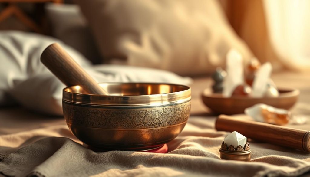 A beautifully arranged Tibetan singing bowl placed on a soft, earthy-toned cloth, surrounded by calming natural elements. The bowl, crafted from ancient metal with intricate engravings, glimmers softly in warm, ambient light that casts gentle shadows and highlights its rich texture. In the background, blurred hints of a serene meditation space can be seen, featuring soft cushions and a collection of natural crystals. The atmosphere exudes tranquility and mindfulness, inviting the viewer into a peaceful meditation experience. The scene is photographed from a slightly elevated angle to capture both the bowl and the serene ambiance of the setting, emphasizing simplicity and harmony in a calm, inviting color palette. A beautifully arranged Tibetan singing bowl placed on a soft, earthy-toned cloth, surrounded by calming natural elements. The bowl, crafted from ancient metal with intricate engravings, glimmers softly in warm, ambient light that casts gentle shadows and highlights its rich texture. In the background, blurred hints of a serene meditation space can be seen, featuring soft cushions and a collection of natural crystals. The atmosphere exudes tranquility and mindfulness, inviting the viewer into a peaceful meditation experience. The scene is photographed from a slightly elevated angle to capture both the bowl and the serene ambiance of the setting, emphasizing simplicity and harmony in a calm, inviting color palette.
