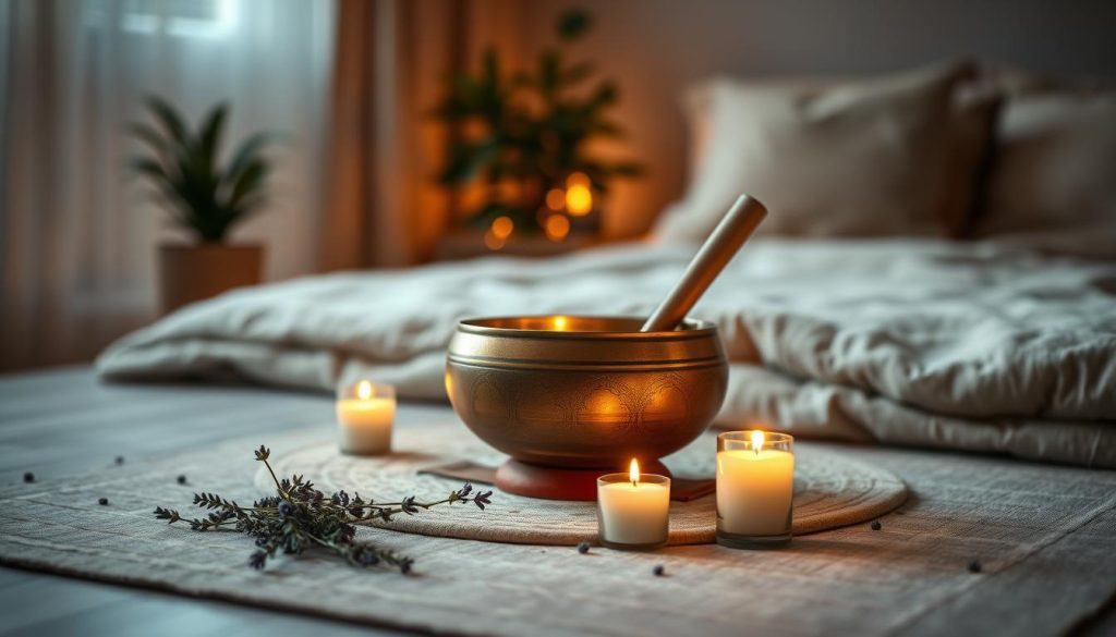 A serene Tibetan singing bowl placed centrally on a soft, inviting meditation mat. Surround it with flickering, warm candles that cast gentle light, creating a calming atmosphere. The foreground features delicate lavender sprigs, symbolizing relaxation. In the middle ground, a lush indoor plant adds a touch of nature. The background reveals a softly lit, cozy room with a faintly visible, plush bed draped in soothing, neutral-toned fabrics. The overall ambiance is tranquil and harmonious, promoting a sense of peace and readiness for sleep. Soft, diffused lighting mimics the gentle glow of dusk, enhancing the calming mood, shot from a slightly elevated angle to capture the entire scene beautifully.