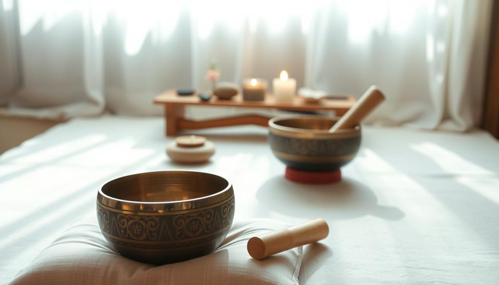 A serene and calming space prepared for a Tibetan bowl meditation session. In the foreground, a beautifully crafted Tibetan singing bowl, with intricate designs, resting on a soft, pastel-colored meditation cushion. Beside it, a small mallet lies gently, ready for use. In the middle ground, a simple wooden altar adorned with a lit candle and a few natural elements like stones and flowers creates a tranquil atmosphere. The background features soft, diffused sunlight filtering through sheer curtains, casting gentle shadows and creating a warm, inviting glow. The overall mood should be peaceful and reflective, encapsulating the essence of mindfulness and preparation for meditation. The image should convey a sense of calmness and focus, perfect for meditation enthusiasts.