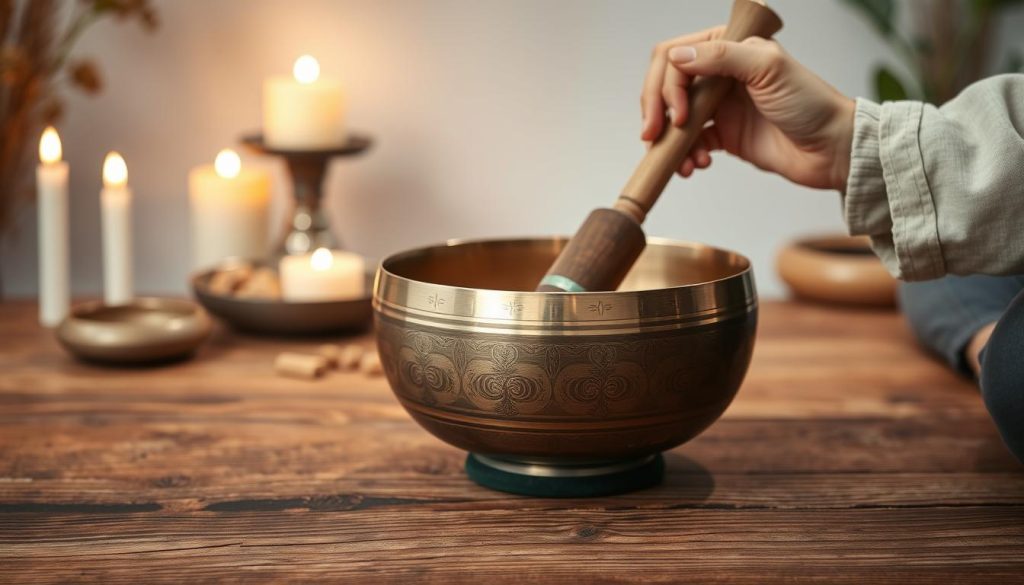 A serene and inviting scene showcasing a Tibetan singing bowl on a textured wooden table. In the foreground, a skilled artisan clad in modest casual clothing is gently striking the bowl with a mallet, producing soft vibrations that ripple across the surface. The artisan's hands are gracefully positioned, emphasizing the technique of striking and rubbing without creating grating sounds. In the middle ground, the singing bowl glimmers under warm, soft lighting, revealing intricate designs etched on its surface. The background features softly blurred candles and natural elements like plants, enhancing the atmosphere of tranquility. The composition is shot from a slightly elevated angle, evoking a sense of calm and focus that encourages relaxation and mindfulness. The overall mood is peaceful, meditative, and inviting, perfect for illustrating techniques related to the use of singing bowls for restful sleep.