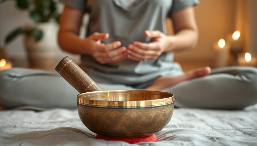 A serene and tranquil setting featuring a Tibetan singing bowl, elegantly placed on a soft, natural fabric. The foreground showcases the intricately designed bowl, its metallic surface reflecting gentle light. In the middle ground, a pair of hands, clad in modest casual clothing, are poised gracefully around the bowl, as if preparing to play it, with fingers poised delicately. The background is softly blurred, filled with hints of a peaceful meditation space; perhaps lit candles and a gentle plant or two to evoke a calming atmosphere. The lighting is warm and inviting, capturing the essence of meditation, with soft highlights and gentle shadows that enhance the mood of tranquility and focus.