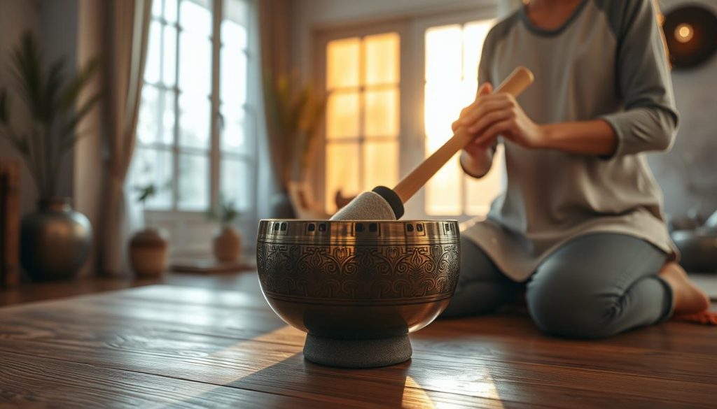A serene indoor setting featuring a beautifully crafted Tibetan singing bowl placed on a wooden table in the foreground, highlighting the intricate patterns etched into its surface. A skilled practitioner, dressed in modest casual clothing, gently uses a felt mallet against the bowl, creating soft vibrations. In the middle ground, warm light filters through a large window, casting gentle shadows and enhancing the peaceful atmosphere. The backdrop includes calming elements like decorative plants and soft textiles, promoting a meditative vibe. The scene captures the essence of the "technique mailloche," with an emphasis on tranquility and mindfulness, showcasing the harmonious interaction between the practitioner and the singing bowl. Soft focus and natural lighting add to the soothing ambiance, inviting viewers to experience the calmness of meditation. A serene indoor setting featuring a beautifully crafted Tibetan singing bowl placed on a wooden table in the foreground, highlighting the intricate patterns etched into its surface. A skilled practitioner, dressed in modest casual clothing, gently uses a felt mallet against the bowl, creating soft vibrations. In the middle ground, warm light filters through a large window, casting gentle shadows and enhancing the peaceful atmosphere. The backdrop includes calming elements like decorative plants and soft textiles, promoting a meditative vibe. The scene captures the essence of the "technique mailloche," with an emphasis on tranquility and mindfulness, showcasing the harmonious interaction between the practitioner and the singing bowl. Soft focus and natural lighting add to the soothing ambiance, inviting viewers to experience the calmness of meditation.