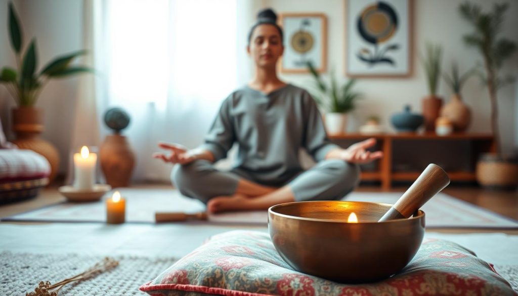 A serene meditation scene featuring Tibetan singing bowls. In the foreground, a beautifully crafted wooden singing bowl rests on a soft, colorful cushion. A gently lit candle flickers beside it, casting warm shadows. In the middle ground, a calm individual in simple, modest attire sits cross-legged, eyes closed, emanating tranquility. Their hands are positioned in a meditative gesture above the bowl, emphasizing harmony and focus. The background is softly blurred, showcasing a tranquil room adorned with natural elements like plants and calming artwork. Soft natural light filters through a window, creating an inviting atmosphere. The overall mood is peaceful, encouraging mindfulness and relaxation. A serene meditation scene featuring Tibetan singing bowls. In the foreground, a beautifully crafted wooden singing bowl rests on a soft, colorful cushion. A gently lit candle flickers beside it, casting warm shadows. In the middle ground, a calm individual in simple, modest attire sits cross-legged, eyes closed, emanating tranquility. Their hands are positioned in a meditative gesture above the bowl, emphasizing harmony and focus. The background is softly blurred, showcasing a tranquil room adorned with natural elements like plants and calming artwork. Soft natural light filters through a window, creating an inviting atmosphere. The overall mood is peaceful, encouraging mindfulness and relaxation.