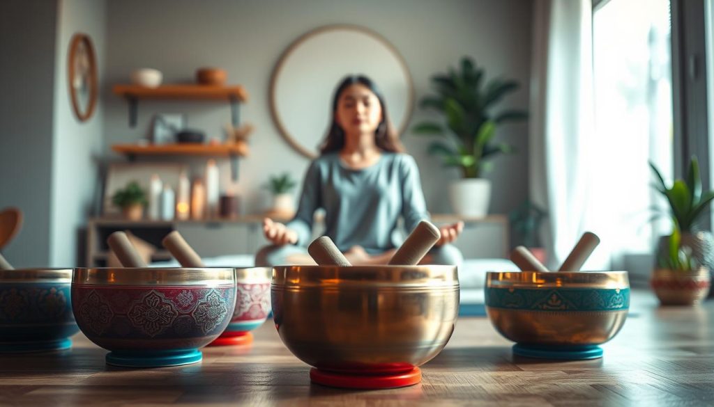A serene meditation space highlighting the concept of chakra energy harmonization. In the foreground, a set of colorful Tibetan singing bowls, meticulously arranged, with delicate patterns and glimmers reflecting soft light. The middle layer features a meditative figure in modest casual clothing, seated cross-legged, hands resting on the bowls, eyes closed in tranquility, embodying peace and focus. The background presents a softly lit room adorned with subtle decorations like crystals, incense, and calming plants, enhancing the harmonious atmosphere. Soft, warm lighting creates a calming ambiance, while a gentle bokeh effect blurs the background, emphasizing the peaceful mood of meditation and energy balance. The overall color palette includes soothing blues, purples, and greens, symbolizing energy and harmony.