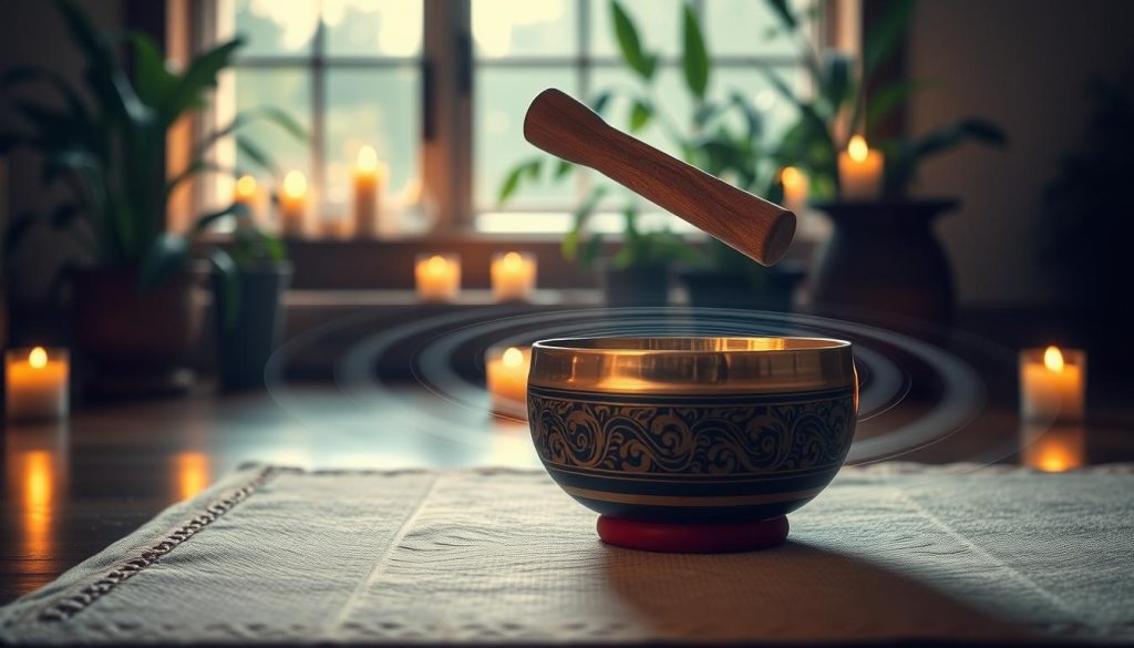 A serene scene depicting a Tibetan singing bowl being struck and resonating with sound waves. In the foreground, the intricately designed bowl is centered on a soft, textured mat, with a mallet poised above it, capturing the moment just before impact. The midground showcases gentle vibrations emanating from the bowl, illustrated as subtle concentric circles of energy. In the background, a peaceful, dimly lit room filled with soft candles and lush greenery creates a calming atmosphere. Soft, warm candlelight illuminates the scene, enhancing the meditative ambiance. The angle is slightly above the bowl, giving a unique perspective on the beauty of the ritual. The overall mood is tranquil and reflective, inviting the viewer into a moment of mindfulness and connection.