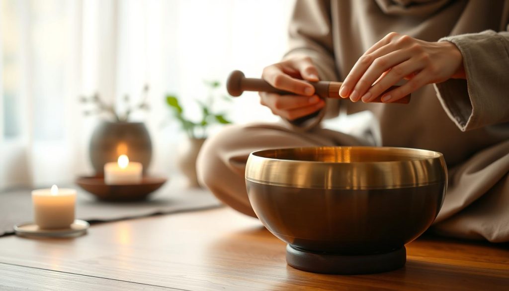 A serene scene in a softly lit room dedicated to meditation and relaxation, featuring a beautifully crafted Tibetan singing bowl in the foreground, gently vibrating as it produces a harmonious sound. The background reveals a tranquil setting with softly blurred Zen-inspired decor, such as plants and candles. Warm, ambient lighting creates a peaceful atmosphere, highlighting the subtle textures of the bowl and the warm wooden surface it rests upon. A pair of hands, featured in modest attire, skillfully hold a mallet, poised to strike the bowl. The composition focuses on the interplay between sound and tranquility, evoking a sense of calm and mindfulness, shot from a slightly elevated angle to capture both the bowl and the surrounding serene environment.