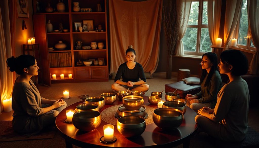A serene séance scene set in a dimly lit, cozy room with soft candlelight creating a warm glow, reflecting off a circle of Tibetan singing bowls placed on a round table. In the foreground, a group of five diverse individuals, dressed in modest casual clothing, sit cross-legged in a meditative pose, their eyes closed, immersed in the soothing sounds. The middle layer showcases the intricate designs of the bowls, with faint vibrations visible in the air, symbolizing tranquility. In the background, shelves filled with various calming artifacts, soft draped fabric, and a hint of nature outside a window, enhance the peaceful atmosphere. The overall mood is one of relaxation and mindfulness, inviting viewers into a spiritual ambiance.