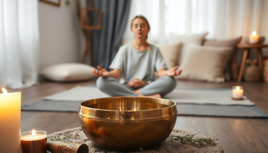 A serene setting for sound meditation, showcasing a Tibetan singing bowl at the forefront, polished brass reflecting soft candlelight. Surrounding the bowl, delicate herbs and flowers amplify a sense of tranquility. In the middle ground, a calm individual seated cross-legged on a plush mat, dressed in simple, comfortable clothing, eyes closed in peaceful concentration. The background features a softly lit room adorned with subtle decorations, including cushions and drapery, enhancing the peaceful atmosphere. Gentle, diffused lighting creates an ethereal glow, emphasizing relaxation and serenity. Through a slightly blurred lens effect, the overall ambiance conveys a profound sense of calm and stress relief, inviting viewers to explore the benefits of sound meditation.