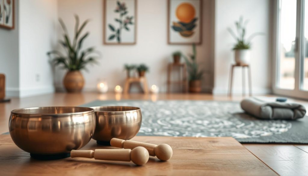 A tranquil meditation scene featuring a serene space designed for Tibetan bowl sessions. In the foreground, a beautifully crafted set of Tibetan singing bowls, glistening softly, sits on a natural wood surface. A few delicate mallets are placed beside the bowls, inviting usage. The middle ground showcases a comfortable meditation mat adorned with intricate patterns, encouraging reflection and mindfulness. In the background, a softly lit room with gentle, ambient lighting creates a peaceful atmosphere, accented by potted plants and calming artwork that embodies harmony. The overall mood is one of calm and tranquility, promoting the essence of short, structured meditation practices. Soft natural light filters through a window, enhancing the inviting ambiance. The perspective is slightly elevated, showcasing the bowls in detail against the serene backdrop. A tranquil meditation scene featuring a serene space designed for Tibetan bowl sessions. In the foreground, a beautifully crafted set of Tibetan singing bowls, glistening softly, sits on a natural wood surface. A few delicate mallets are placed beside the bowls, inviting usage. The middle ground showcases a comfortable meditation mat adorned with intricate patterns, encouraging reflection and mindfulness. In the background, a softly lit room with gentle, ambient lighting creates a peaceful atmosphere, accented by potted plants and calming artwork that embodies harmony. The overall mood is one of calm and tranquility, promoting the essence of short, structured meditation practices. Soft natural light filters through a window, enhancing the inviting ambiance. The perspective is slightly elevated, showcasing the bowls in detail against the serene backdrop.