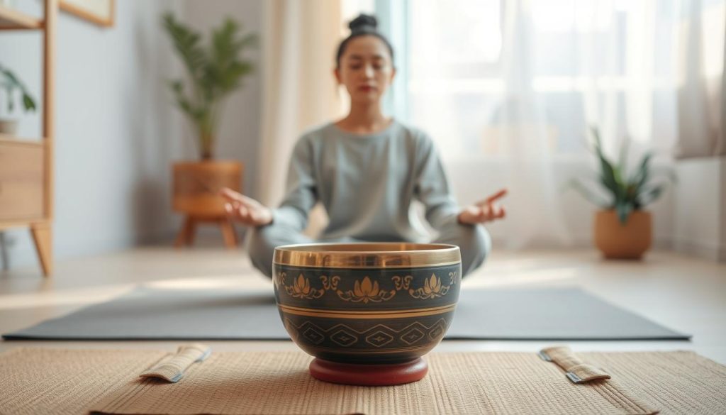 A tranquil scene featuring a Tibetan singing bowl placed on a simple meditation mat in the foreground, with soft, natural lighting highlighting the bowl's intricate designs. In the middle ground, a serene individual in modest casual clothing sits cross-legged, eyes gently closed, embodying a peaceful meditation posture. Surrounding them, a soft haze of ethereal light creates a calming atmosphere. In the background, a gently blurred indoor space with subtle elements of nature, such as green plants and warm wooden accents, enhances the atmosphere of tranquility and focus. The overall composition conveys a sense of harmony and mindfulness, perfect for illustrating the theme of meditation and self-centering with Tibetan bowls.