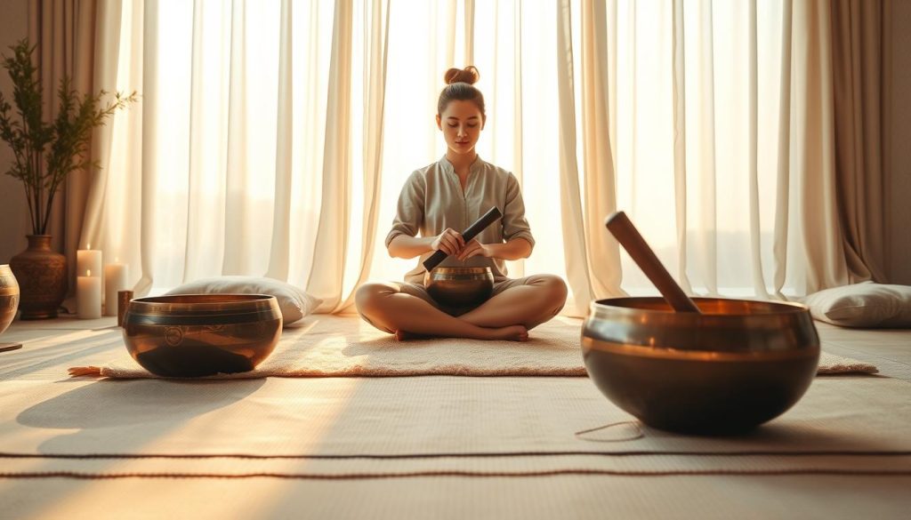 A tranquil scene of a relaxation session featuring Tibetan singing bowls. In the foreground, a softly lit room with a cozy, comfortable mat and plush cushions scattered around. The middle ground includes a calm individual sitting cross-legged, dressed in modest, casual clothing, gently striking a Tibetan bowl with a mallet, producing soothing resonant sounds. The background features soft curtains, allowing warm, diffused sunlight to filter in, casting a soothing golden hue. The atmosphere is serene and inviting, enhanced by subtle elements like aromatic candles and gentle greenery. The overall composition conveys harmony, balance, and a sense of deep relaxation, perfect for setting a peaceful ambiance during a wellness session.