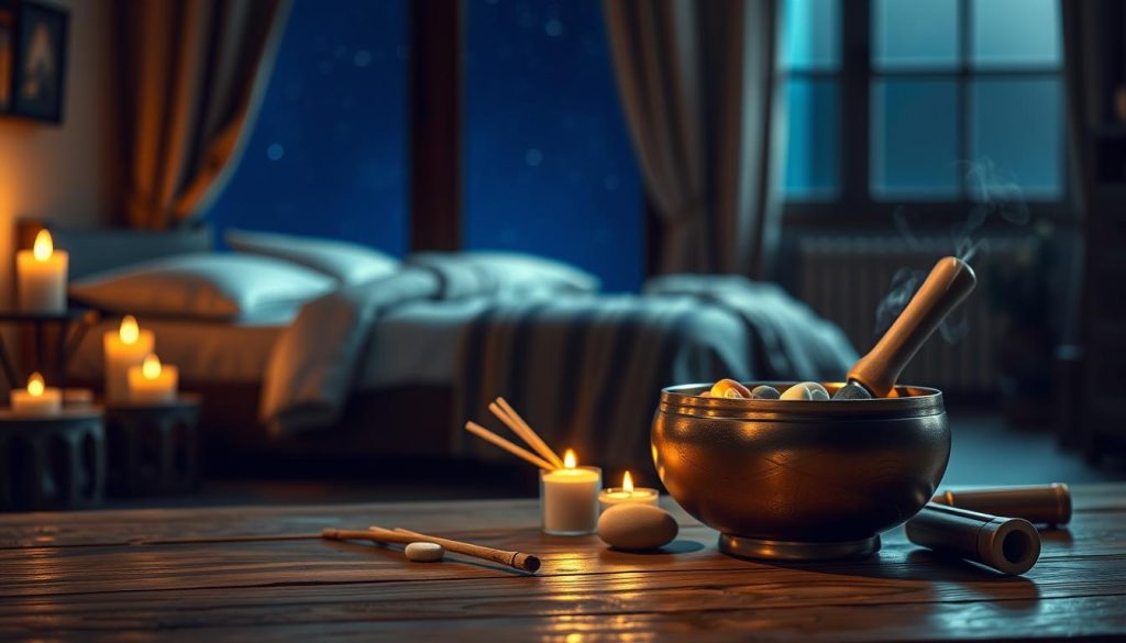 A tranquil setting featuring a Tibetan singing bowl on a wooden surface, with soft, warm candlelight casting gentle shadows. In the foreground, the bowl is filled with smooth, colorful stones, surrounded by delicate incense sticks giving off wisps of aromatic smoke. In the middle, a peaceful night scene with a neatly made bed in dimly lit, cozy surroundings, draped with soft textiles in calming earth tones. In the background, a serene window reveals a starry night sky. The overall atmosphere is calming and meditative, inviting relaxation and sleep. The image should evoke a sense of peace and tranquility, perfect for illustrating evening rituals associated with the Tibetan bowl.