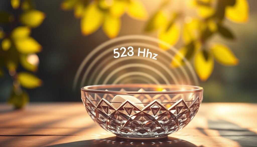 A beautiful crystal singing bowl, exquisitely crafted with intricate geometric patterns reflecting light, sits prominently in the foreground. The bowl glimmers with a transparent sheen, showcasing its quality and resonance abilities. In the middle ground, soft waves of sound ripple outward, visualizing the impact of its 528 Hz frequency, gently vibrating with luminous energy. The background is a serene, softly blurred natural setting, with warm sunlight filtering through green leaves, creating a peaceful and harmonious atmosphere. The lighting is ethereal, highlighting the bowl's surface and casting a gentle glow. The composition conveys tranquility and mindfulness, emphasizing the importance of quality in sound healing practices. A beautiful crystal singing bowl, exquisitely crafted with intricate geometric patterns reflecting light, sits prominently in the foreground. The bowl glimmers with a transparent sheen, showcasing its quality and resonance abilities. In the middle ground, soft waves of sound ripple outward, visualizing the impact of its 528 Hz frequency, gently vibrating with luminous energy. The background is a serene, softly blurred natural setting, with warm sunlight filtering through green leaves, creating a peaceful and harmonious atmosphere. The lighting is ethereal, highlighting the bowl's surface and casting a gentle glow. The composition conveys tranquility and mindfulness, emphasizing the importance of quality in sound healing practices.