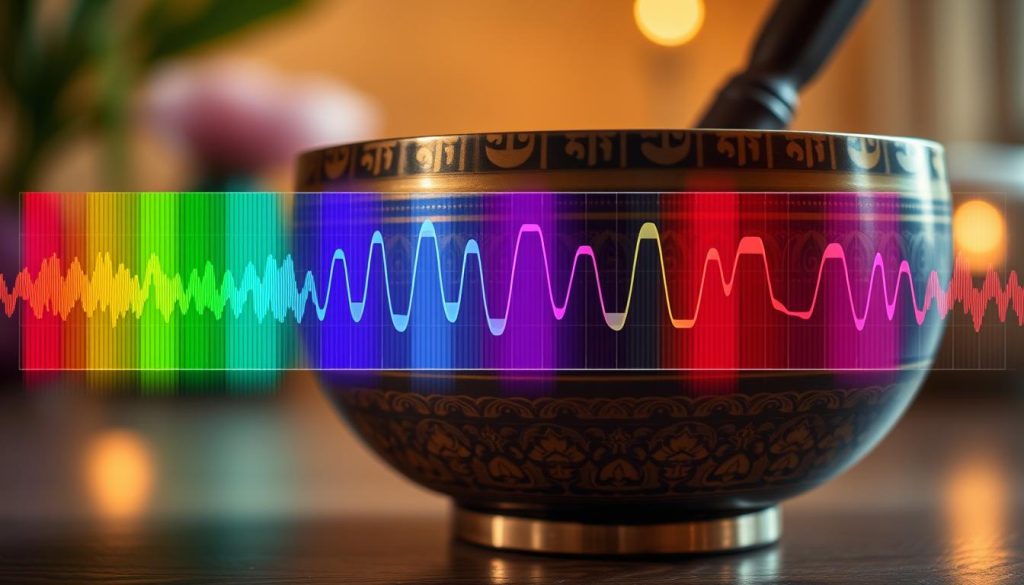 A detailed visual representation of an acoustic spectrum, showcasing vibrant, colorful waveforms that represent different frequencies emitted by a Tibetan singing bowl. In the foreground, a close-up view of the bowl itself—decorated with intricate, traditional patterns—reflects soft, ambient light. The middle layer features an overlay of a digital spectrum analyzer displaying sinusoidal curves and peaks that correspond to the bowl's harmonic frequencies. The background is softly blurred, hinting at a serene environment, perhaps with subtle hints of a meditation space. The lighting is warm and inviting, creating a calm, reflective atmosphere that draws viewers into the essence of sound and harmony associated with Tibetan bowls. A detailed visual representation of an acoustic spectrum, showcasing vibrant, colorful waveforms that represent different frequencies emitted by a Tibetan singing bowl. In the foreground, a close-up view of the bowl itself—decorated with intricate, traditional patterns—reflects soft, ambient light. The middle layer features an overlay of a digital spectrum analyzer displaying sinusoidal curves and peaks that correspond to the bowl's harmonic frequencies. The background is softly blurred, hinting at a serene environment, perhaps with subtle hints of a meditation space. The lighting is warm and inviting, creating a calm, reflective atmosphere that draws viewers into the essence of sound and harmony associated with Tibetan bowls.