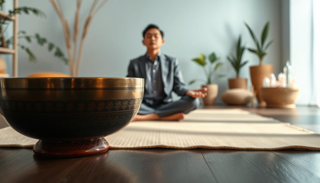 A serene and atmospheric scene featuring a Tibetan singing bowl vibrating at 432 Hz. In the foreground, the bowl, beautifully crafted with intricate designs, emanates gentle sound waves represented visually as subtle ripples in the air. In the middle ground, a person dressed in modest, professional clothing sits cross-legged on a soft, beige mat, eyes closed in meditation, reflecting tranquility and focus. The background reveals a softly lit room with calming hues of blue and green, adorned with natural elements like plants and crystals, enhancing the atmosphere of peacefulness and harmony. Soft, diffused lighting casts gentle shadows, creating an inviting and soothing environment. The overall mood conveys a deep sense of connection and holistic well-being associated with the frequency of 432 Hz. A serene and atmospheric scene featuring a Tibetan singing bowl vibrating at 432 Hz. In the foreground, the bowl, beautifully crafted with intricate designs, emanates gentle sound waves represented visually as subtle ripples in the air. In the middle ground, a person dressed in modest, professional clothing sits cross-legged on a soft, beige mat, eyes closed in meditation, reflecting tranquility and focus. The background reveals a softly lit room with calming hues of blue and green, adorned with natural elements like plants and crystals, enhancing the atmosphere of peacefulness and harmony. Soft, diffused lighting casts gentle shadows, creating an inviting and soothing environment. The overall mood conveys a deep sense of connection and holistic well-being associated with the frequency of 432 Hz.