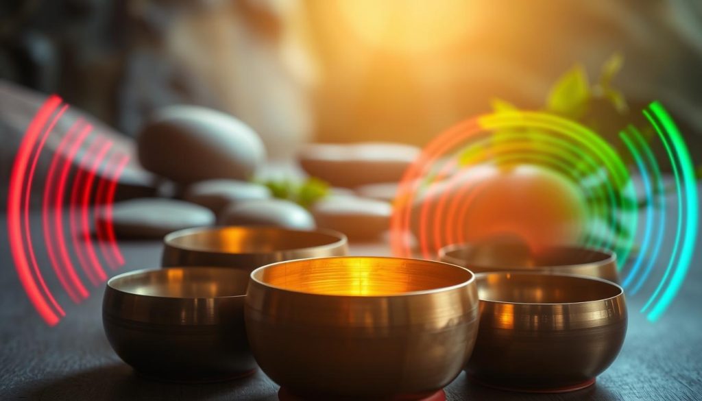 A serene and captivating scene featuring a collection of Tibetan singing bowls, prominently positioned in the foreground, with one bowl resonating vibrantly at 528 Hz, glowing gently in a soft golden light. Surrounding the bowls, colorful sound waves ripple outward, visualizing the frequencies of 440 Hz, 432 Hz, and 528 Hz in harmonious patterns. In the middle ground, a tranquil setting with natural elements like smooth stones and lush green foliage, enhancing the sense of peace and spirituality. The background features a blurred, softly illuminated space that evokes an ethereal atmosphere, inviting contemplation. The image is lit by soft, warm lighting, creating a calming ambiance. The angle is slightly elevated, providing a holistic view of the bowls, inviting the viewer into this serene world of sound and frequency. A serene and captivating scene featuring a collection of Tibetan singing bowls, prominently positioned in the foreground, with one bowl resonating vibrantly at 528 Hz, glowing gently in a soft golden light. Surrounding the bowls, colorful sound waves ripple outward, visualizing the frequencies of 440 Hz, 432 Hz, and 528 Hz in harmonious patterns. In the middle ground, a tranquil setting with natural elements like smooth stones and lush green foliage, enhancing the sense of peace and spirituality. The background features a blurred, softly illuminated space that evokes an ethereal atmosphere, inviting contemplation. The image is lit by soft, warm lighting, creating a calming ambiance. The angle is slightly elevated, providing a holistic view of the bowls, inviting the viewer into this serene world of sound and frequency.