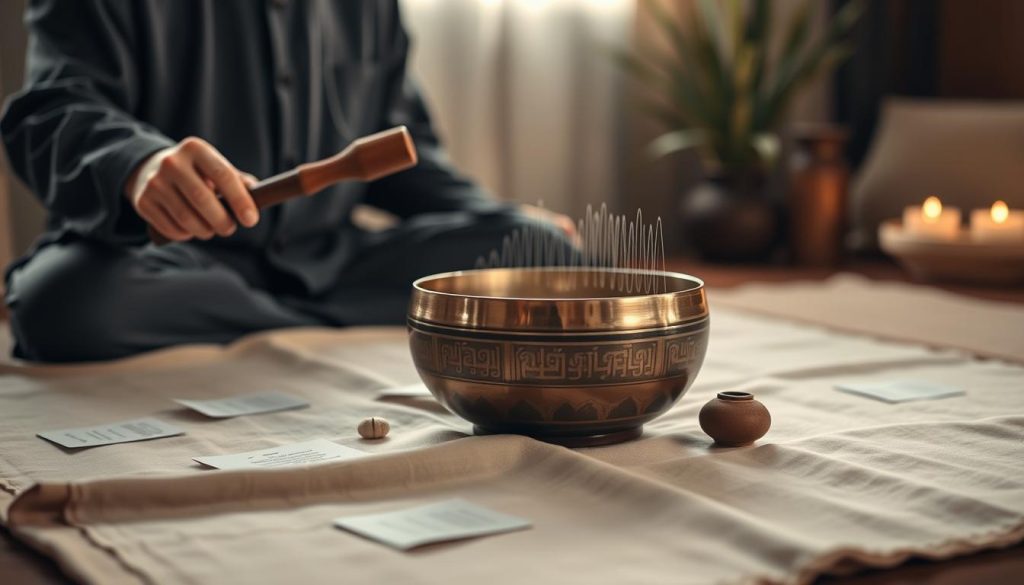 A serene and focused scene showcasing the "méthode fréquence bol" for measuring the frequency of a Tibetan singing bowl. In the foreground, a skilled musician in modest, professional attire gently strikes the bowl with a mallet, creating visible sound waves. The middle ground features a beautifully crafted Tibetan singing bowl resting on a soft, natural fabric, with small notes about frequency measurement laid around it. In the background, a soft-focus environment includes peaceful natural elements like plants or stones, with warm, inviting lighting reminiscent of a tranquil meditation space. The overall mood is calm and introspective, emphasizing the art and science of sound measurement. Aim for a close-up angle that captures the details of the bowl and the musician's technique. A serene and focused scene showcasing the "méthode fréquence bol" for measuring the frequency of a Tibetan singing bowl. In the foreground, a skilled musician in modest, professional attire gently strikes the bowl with a mallet, creating visible sound waves. The middle ground features a beautifully crafted Tibetan singing bowl resting on a soft, natural fabric, with small notes about frequency measurement laid around it. In the background, a soft-focus environment includes peaceful natural elements like plants or stones, with warm, inviting lighting reminiscent of a tranquil meditation space. The overall mood is calm and introspective, emphasizing the art and science of sound measurement. Aim for a close-up angle that captures the details of the bowl and the musician's technique.