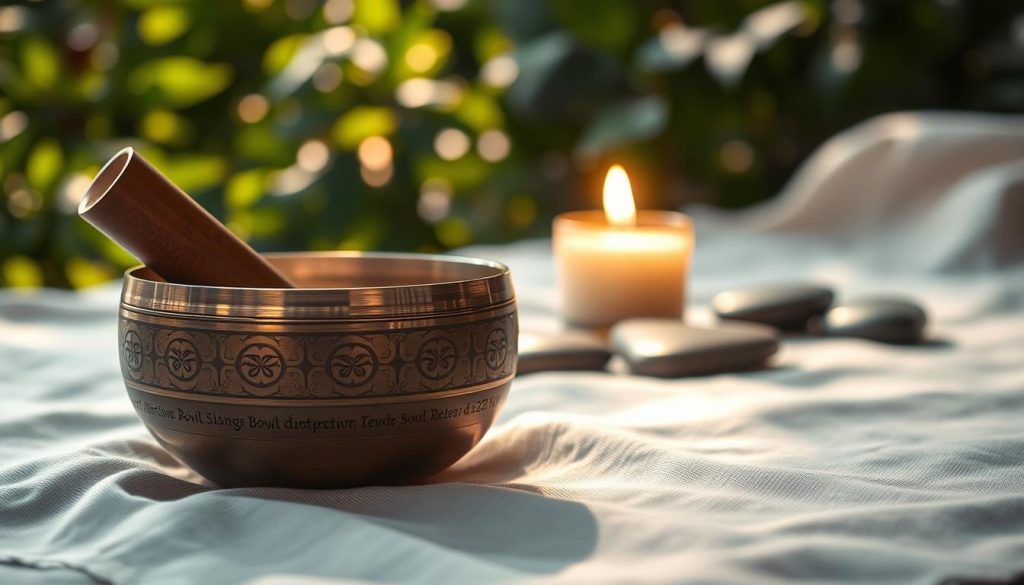 A serene and tranquil setting featuring a beautifully crafted Tibetan singing bowl tuned to 432 Hz, placed on a soft, natural fabric like linen. The foreground showcases the bowl with intricate engravings, reflecting soft golden hues in subtle sunlight. In the middle ground, a gently glowing candle and a few smooth river stones set a calming atmosphere. In the background, blurred green foliage hints at an outdoor setting, with gentle bokeh effects softening the scene. The overall mood is peaceful and contemplative, inviting viewers to connect with mindfulness and healing practices. The image should have soft natural lighting, creating a warm glow, and be captured using a shallow depth of field to emphasize the details of the singing bowl while providing a harmonious backdrop. A serene and tranquil setting featuring a beautifully crafted Tibetan singing bowl tuned to 432 Hz, placed on a soft, natural fabric like linen. The foreground showcases the bowl with intricate engravings, reflecting soft golden hues in subtle sunlight. In the middle ground, a gently glowing candle and a few smooth river stones set a calming atmosphere. In the background, blurred green foliage hints at an outdoor setting, with gentle bokeh effects softening the scene. The overall mood is peaceful and contemplative, inviting viewers to connect with mindfulness and healing practices. The image should have soft natural lighting, creating a warm glow, and be captured using a shallow depth of field to emphasize the details of the singing bowl while providing a harmonious backdrop.