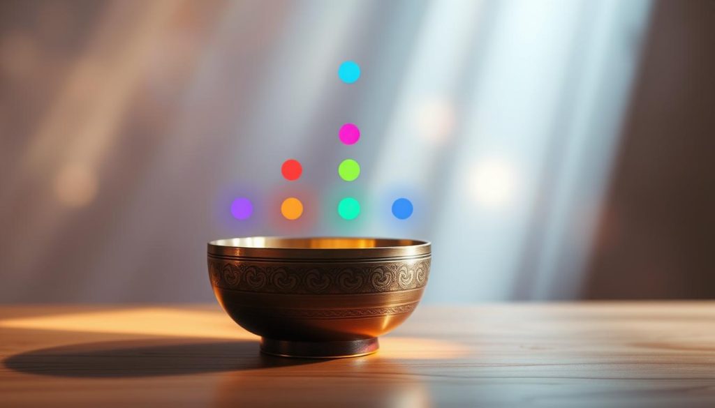 A serene, artistic representation of meditation and energy alignment featuring seven colorful, glowing chakra symbols arranged vertically against a softly blurred ethereal background. In the foreground, an intricately designed Tibetan singing bowl sits gracefully, reflecting light with a warm, inviting glow. A subtle beam of light streams down, illuminating the bowl and enhancing the vibrancy of each chakra, connected by a soft, flowing ribbon of light. The middle layer captures a smooth, natural texture like a wooden table or stone base to complement the bowl. The atmosphere is tranquil and harmonious, evoking a sense of calm and spiritual connection. Use soft, diffused lighting to create a serene, meditative mood, capturing the essence of healing frequencies associated with 432 Hz. No text or distractions in the image. A serene, artistic representation of meditation and energy alignment featuring seven colorful, glowing chakra symbols arranged vertically against a softly blurred ethereal background. In the foreground, an intricately designed Tibetan singing bowl sits gracefully, reflecting light with a warm, inviting glow. A subtle beam of light streams down, illuminating the bowl and enhancing the vibrancy of each chakra, connected by a soft, flowing ribbon of light. The middle layer captures a smooth, natural texture like a wooden table or stone base to complement the bowl. The atmosphere is tranquil and harmonious, evoking a sense of calm and spiritual connection. Use soft, diffused lighting to create a serene, meditative mood, capturing the essence of healing frequencies associated with 432 Hz. No text or distractions in the image.