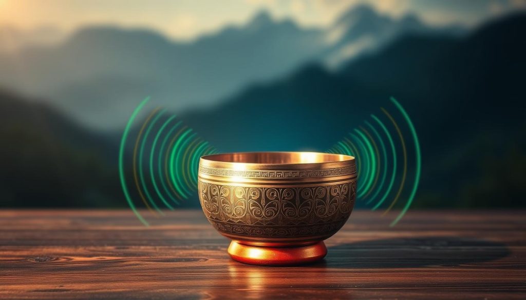 A serene, atmospheric scene featuring a Tibetan singing bowl as the focal point, placed on a rich wooden surface. In the foreground, the bowl's intricate engravings and warm, metallic shine are illuminated by soft, diffuse lighting coming from the left, creating gentle reflections. Surrounding the bowl, various harmonic frequencies represented visually as colorful sound waves, radiating outward in a rhythmic pattern. In the middle background, a subtle hint of a blurred mountain landscape can be seen, evoking the peacefulness of Tibetan culture. The overall mood is tranquil and meditative, suggesting a connection between sound and nature. The image should be shot from a slightly elevated angle to capture both the bowl and its surrounding atmosphere, emphasizing the theme of resonance and harmony in sound. A serene, atmospheric scene featuring a Tibetan singing bowl as the focal point, placed on a rich wooden surface. In the foreground, the bowl's intricate engravings and warm, metallic shine are illuminated by soft, diffuse lighting coming from the left, creating gentle reflections. Surrounding the bowl, various harmonic frequencies represented visually as colorful sound waves, radiating outward in a rhythmic pattern. In the middle background, a subtle hint of a blurred mountain landscape can be seen, evoking the peacefulness of Tibetan culture. The overall mood is tranquil and meditative, suggesting a connection between sound and nature. The image should be shot from a slightly elevated angle to capture both the bowl and its surrounding atmosphere, emphasizing the theme of resonance and harmony in sound.