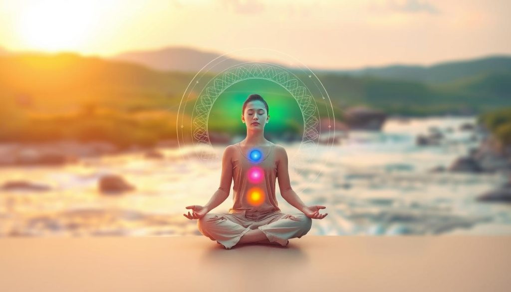 A serene, harmonious scene depicting the concept of "vibrations, body, and spirit." In the foreground, a meditative figure sitting cross-legged, dressed in comfortable, modest clothing, radiates calm energy, with vibrant colors emanating from their body, symbolizing vibrations. In the middle ground, soft waves of sound visually ripple outward, intertwining with ethereal light forms representing spiritual energy. The background features a tranquil natural setting—a flowing river and gentle green hills under a softly glowing sunrise, creating an atmosphere of peace and enlightenment. The image uses warm, inviting lighting with a soft focus effect, aimed at conveying a sense of connection and unity between the individual, nature, and the universe. No text or overlays will distract from this profound visual experience. A serene, harmonious scene depicting the concept of "vibrations, body, and spirit." In the foreground, a meditative figure sitting cross-legged, dressed in comfortable, modest clothing, radiates calm energy, with vibrant colors emanating from their body, symbolizing vibrations. In the middle ground, soft waves of sound visually ripple outward, intertwining with ethereal light forms representing spiritual energy. The background features a tranquil natural setting—a flowing river and gentle green hills under a softly glowing sunrise, creating an atmosphere of peace and enlightenment. The image uses warm, inviting lighting with a soft focus effect, aimed at conveying a sense of connection and unity between the individual, nature, and the universe. No text or overlays will distract from this profound visual experience.