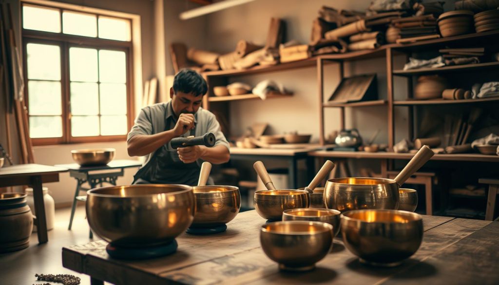 A serene interior scene featuring an artisan workshop dedicated to crafting Tibetan singing bowls. In the foreground, a skilled artisan, dressed in modest casual clothing, is delicately hammering a beautifully crafted bowl, showcasing intricate designs and a brass finish. In the middle ground, several singing bowls of varying sizes are displayed on a wooden table, each emitting a soft glow, reflecting their unique craftsmanship. The background includes shelves filled with raw materials and tools, while soft, warm light filters through a window, creating a tranquil atmosphere. The overall mood is peaceful and introspective, inviting viewers to connect with the art of sound and craftsmanship, emphasizing the harmony of tones produced by the bowls. A serene interior scene featuring an artisan workshop dedicated to crafting Tibetan singing bowls. In the foreground, a skilled artisan, dressed in modest casual clothing, is delicately hammering a beautifully crafted bowl, showcasing intricate designs and a brass finish. In the middle ground, several singing bowls of varying sizes are displayed on a wooden table, each emitting a soft glow, reflecting their unique craftsmanship. The background includes shelves filled with raw materials and tools, while soft, warm light filters through a window, creating a tranquil atmosphere. The overall mood is peaceful and introspective, inviting viewers to connect with the art of sound and craftsmanship, emphasizing the harmony of tones produced by the bowls.
