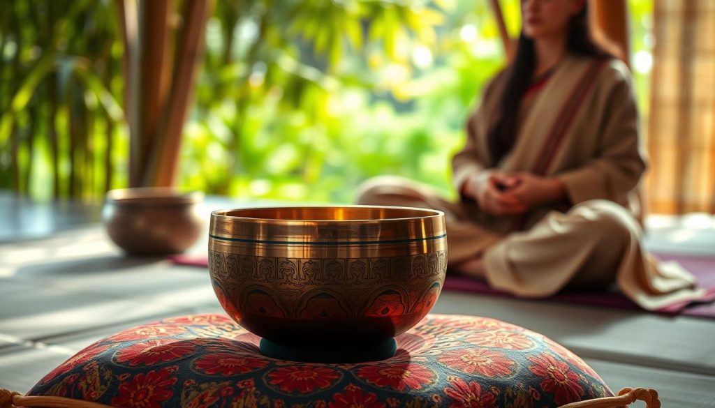 A serene scene capturing a guided meditation session featuring a Tibetan singing bowl tuned to 528 Hz. In the foreground, a beautifully crafted brass singing bowl rests gently on a vibrant, textured cushion. Soft, diffused lighting creates a warm glow around it, enhancing its intricate patterns. In the middle ground, a person dressed in comfortable, modest clothing is seated cross-legged, eyes closed, and hands resting gently on their knees, promoting a mood of tranquility and mindfulness. In the background, a softly blurred backdrop of natural elements, like bamboo and a hint of sunlight filtering through trees, evokes a calm and peaceful atmosphere, enhancing the sense of connection to nature. Soft shadowing adds depth, creating an inviting space for meditation and relaxation. A serene scene capturing a guided meditation session featuring a Tibetan singing bowl tuned to 528 Hz. In the foreground, a beautifully crafted brass singing bowl rests gently on a vibrant, textured cushion. Soft, diffused lighting creates a warm glow around it, enhancing its intricate patterns. In the middle ground, a person dressed in comfortable, modest clothing is seated cross-legged, eyes closed, and hands resting gently on their knees, promoting a mood of tranquility and mindfulness. In the background, a softly blurred backdrop of natural elements, like bamboo and a hint of sunlight filtering through trees, evokes a calm and peaceful atmosphere, enhancing the sense of connection to nature. Soft shadowing adds depth, creating an inviting space for meditation and relaxation.