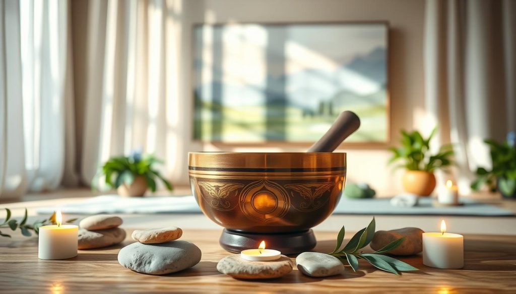A serene setting featuring a Tibetan singing bowl emitting gentle vibrations, placed at the center of a tranquil meditation space. In the foreground, smooth, natural stones and delicate candles flicker softly, casting warm light around the bowl. The middle ground displays lush green plants and a cozy mat, inviting relaxation. In the background, a soft, muted landscape painting adorned with calming colors, like soft blues and greens, enhances the peaceful atmosphere. Natural sunlight filters through sheer curtains, creating a soothing golden glow throughout the scene. The overall mood is one of deep relaxation and emotional balance, inviting viewers to feel the harmonious effects of sound therapy and meditation. A serene setting featuring a Tibetan singing bowl emitting gentle vibrations, placed at the center of a tranquil meditation space. In the foreground, smooth, natural stones and delicate candles flicker softly, casting warm light around the bowl. The middle ground displays lush green plants and a cozy mat, inviting relaxation. In the background, a soft, muted landscape painting adorned with calming colors, like soft blues and greens, enhances the peaceful atmosphere. Natural sunlight filters through sheer curtains, creating a soothing golden glow throughout the scene. The overall mood is one of deep relaxation and emotional balance, inviting viewers to feel the harmonious effects of sound therapy and meditation.