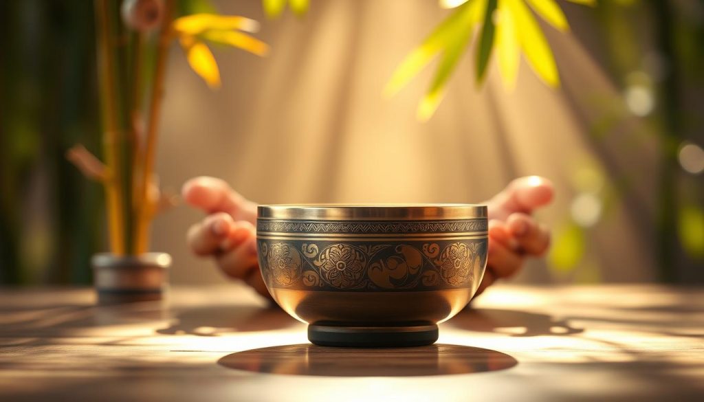 A serene setting featuring a Tibetan singing bowl, intricately designed and glistening with a soft metallic sheen, positioned at the forefront. In the middle ground, a pair of hands gently cradles the bowl, evoking a sense of tranquility and mindfulness. The background reveals a softly blurred, peaceful environment with hints of nature, such as bamboo stalks and gentle sunlight streaming through leaves, creating a calming atmosphere. The lighting is warm and diffuse, with rays of sunlight highlighting the bowl's surface. The entire scene exudes a meditative vibe, inviting the viewer to explore the concept of 432 Hz frequency, signifying harmony and healing. Capture this moment with a slightly elevated angle for depth and appreciation of the setting. A serene setting featuring a Tibetan singing bowl, intricately designed and glistening with a soft metallic sheen, positioned at the forefront. In the middle ground, a pair of hands gently cradles the bowl, evoking a sense of tranquility and mindfulness. The background reveals a softly blurred, peaceful environment with hints of nature, such as bamboo stalks and gentle sunlight streaming through leaves, creating a calming atmosphere. The lighting is warm and diffuse, with rays of sunlight highlighting the bowl's surface. The entire scene exudes a meditative vibe, inviting the viewer to explore the concept of 432 Hz frequency, signifying harmony and healing. Capture this moment with a slightly elevated angle for depth and appreciation of the setting.