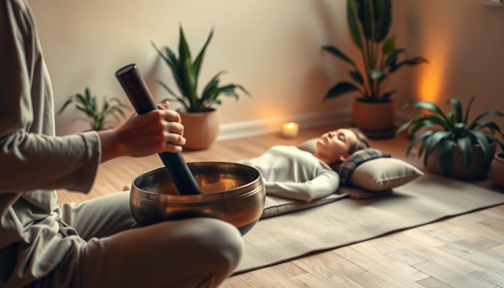 A serene sound therapy session taking place in a tranquil, softly lit room. In the foreground, a practitioner, dressed in modest casual clothing, is gently playing a Tibetan singing bowl, creating a peaceful ambiance. The middle ground features a comfortable, cushioned mat where a client lies peacefully, eyes closed, absorbing the soothing vibrations. Surrounding the client are lush plants and calming, natural decor, enhancing the atmosphere of relaxation. The background showcases warm, soft lighting that casts gentle shadows, evoking a sense of serenity and mindfulness. The image conveys a feeling of tranquility and holistic wellness, capturing the essence of a sound bath session in France, focusing on relaxation and healing through music. A serene sound therapy session taking place in a tranquil, softly lit room. In the foreground, a practitioner, dressed in modest casual clothing, is gently playing a Tibetan singing bowl, creating a peaceful ambiance. The middle ground features a comfortable, cushioned mat where a client lies peacefully, eyes closed, absorbing the soothing vibrations. Surrounding the client are lush plants and calming, natural decor, enhancing the atmosphere of relaxation. The background showcases warm, soft lighting that casts gentle shadows, evoking a sense of serenity and mindfulness. The image conveys a feeling of tranquility and holistic wellness, capturing the essence of a sound bath session in France, focusing on relaxation and healing through music.