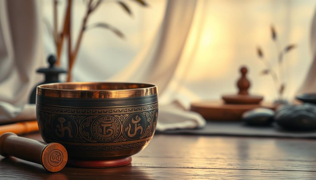 A serene, visually captivating scene featuring a traditional Tibetan singing bowl, or "bol chantant," placed prominently in the foreground. The bowl is intricately engraved with spiritual symbols, reflecting ancient craftsmanship. A mallet rests beside it, showcasing the textured wood grain that contrasts with the metallic sheen of the bowl. In the middle ground, soft, ambient light filters through a gently draped fabric, creating an ethereal atmosphere. The background includes blurred silhouettes of meditation tools and natural elements like bamboo and soft stones, evoking tranquility and mindfulness. The overall mood is peaceful and contemplative, promoting a sense of harmony. Capture this scene from a slightly elevated angle to emphasize the bowl's elegance, ensuring the lighting highlights its reflective surfaces without harsh shadows. A serene, visually captivating scene featuring a traditional Tibetan singing bowl, or "bol chantant," placed prominently in the foreground. The bowl is intricately engraved with spiritual symbols, reflecting ancient craftsmanship. A mallet rests beside it, showcasing the textured wood grain that contrasts with the metallic sheen of the bowl. In the middle ground, soft, ambient light filters through a gently draped fabric, creating an ethereal atmosphere. The background includes blurred silhouettes of meditation tools and natural elements like bamboo and soft stones, evoking tranquility and mindfulness. The overall mood is peaceful and contemplative, promoting a sense of harmony. Capture this scene from a slightly elevated angle to emphasize the bowl's elegance, ensuring the lighting highlights its reflective surfaces without harsh shadows.