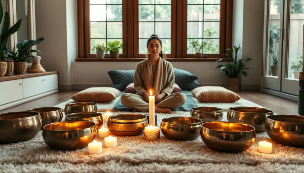 A tranquil home environment for a Tibetan sound bath session. In the foreground, a soft, plush mat is adorned with a variety of beautifully crafted Tibetan singing bowls, each reflecting warm metallic hues. Candles flicker softly around the bowls, casting gentle light that creates a serene ambiance. In the middle, a person dressed in relaxed, modest clothing sits cross-legged, with their eyes closed, immersed in the soothing sounds. Surrounding them, vibrant cushions and incense stand enhance the peaceful atmosphere. In the background, large windows let in natural light, revealing a lush garden, adding to the calming nature of the space. The overall mood is one of relaxation, mindfulness, and spiritual connection, inviting viewers to experience the essence of a sound bath. A tranquil home environment for a Tibetan sound bath session. In the foreground, a soft, plush mat is adorned with a variety of beautifully crafted Tibetan singing bowls, each reflecting warm metallic hues. Candles flicker softly around the bowls, casting gentle light that creates a serene ambiance. In the middle, a person dressed in relaxed, modest clothing sits cross-legged, with their eyes closed, immersed in the soothing sounds. Surrounding them, vibrant cushions and incense stand enhance the peaceful atmosphere. In the background, large windows let in natural light, revealing a lush garden, adding to the calming nature of the space. The overall mood is one of relaxation, mindfulness, and spiritual connection, inviting viewers to experience the essence of a sound bath.