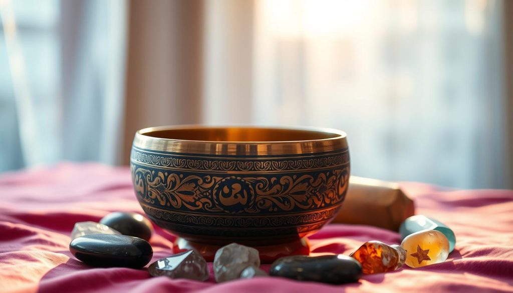 A beautifully detailed Tibetan singing bowl placed on a soft, vibrant fabric. The bowl should be ornate, showcasing intricate engravings and a mix of brass and bronze colors that catch the light. Surround the bowl with a harmonious array of crystals and chakra stones in varying sizes, arranged thoughtfully. In the background, softly blurred, an ethereal light streams through a window, casting gentle rays that illuminate the bowl and create a serene atmosphere. The focus should be sharp on the bowl and stones, with a slightly wider depth of field to give a sense of tranquility. Evoke a meditative mood that captures the essence of sound therapy and energy alignment, making it ideal for understanding the connection between bowls and chakras. A beautifully detailed Tibetan singing bowl placed on a soft, vibrant fabric. The bowl should be ornate, showcasing intricate engravings and a mix of brass and bronze colors that catch the light. Surround the bowl with a harmonious array of crystals and chakra stones in varying sizes, arranged thoughtfully. In the background, softly blurred, an ethereal light streams through a window, casting gentle rays that illuminate the bowl and create a serene atmosphere. The focus should be sharp on the bowl and stones, with a slightly wider depth of field to give a sense of tranquility. Evoke a meditative mood that captures the essence of sound therapy and energy alignment, making it ideal for understanding the connection between bowls and chakras.