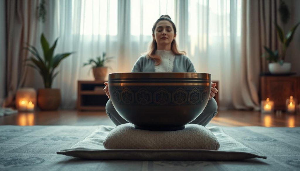 A calming scene capturing the essence of "slow breathing and visualization" during a Tibetan bowl massage session. In the foreground, a serene individual dressed in comfortable, modest clothing sits cross-legged on a soft mat, eyes closed, immersed in meditation. The middle ground features a large, intricately designed Tibetan singing bowl on a cushion, gently vibrating with soft, ambient waves emanating from it. The background is a softly lit room with warm, diffused lighting, casting gentle shadows that create an inviting atmosphere. Subtle touches of nature, such as indoor plants and flowing fabrics, enhance the tranquility. The overall mood is peaceful and introspective, embodying mindfulness and the deep resonance of sound therapy.