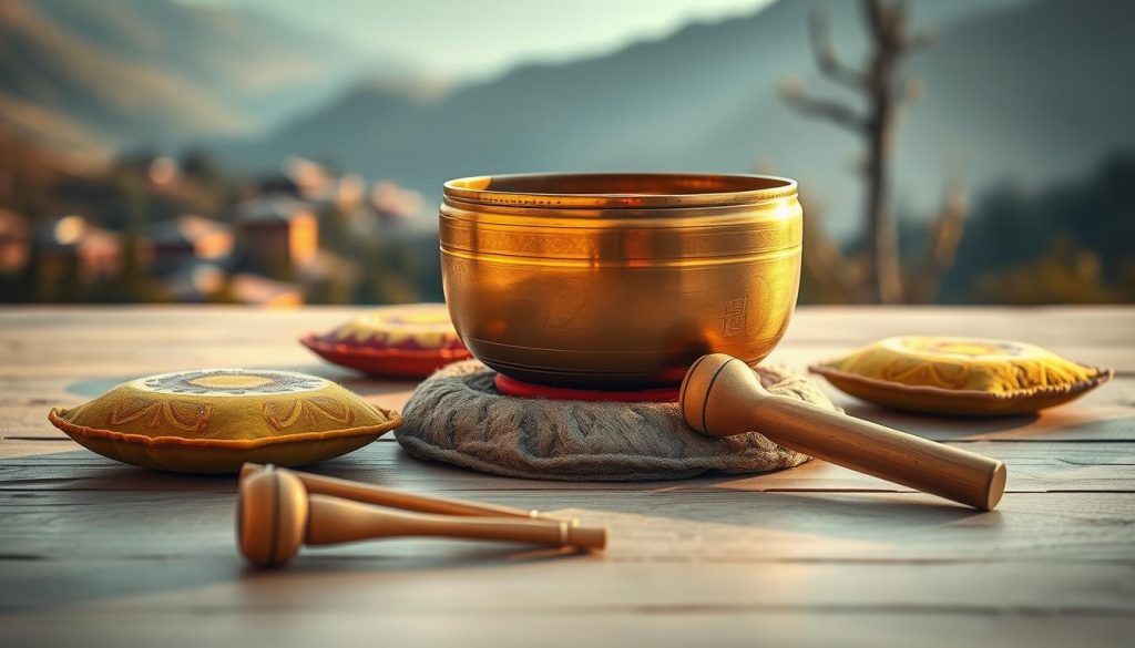 A serene Tibetan landscape serving as the backdrop, featuring a traditional Tibetan singing bowl placed delicately on a smooth, natural wooden surface. The bowl, made of ancient bronze, should glimmer in soft, golden light, revealing intricate engravings that capture its cultural essence. Surrounding the bowl, a few gentle, colorful felt cushions add warmth and texture to the scene. In the foreground, a pair of wooden mallets, one lightly touching the bowl, suggest the act of playing it. The atmosphere is tranquil and reflective, with soft focus and natural light filtering through to create an ethereal, calming mood. The composition should invite viewers to explore the practice of identifying notes through sound, immersing them in the rich tradition of Tibetan music. A serene Tibetan landscape serving as the backdrop, featuring a traditional Tibetan singing bowl placed delicately on a smooth, natural wooden surface. The bowl, made of ancient bronze, should glimmer in soft, golden light, revealing intricate engravings that capture its cultural essence. Surrounding the bowl, a few gentle, colorful felt cushions add warmth and texture to the scene. In the foreground, a pair of wooden mallets, one lightly touching the bowl, suggest the act of playing it. The atmosphere is tranquil and reflective, with soft focus and natural light filtering through to create an ethereal, calming mood. The composition should invite viewers to explore the practice of identifying notes through sound, immersing them in the rich tradition of Tibetan music.