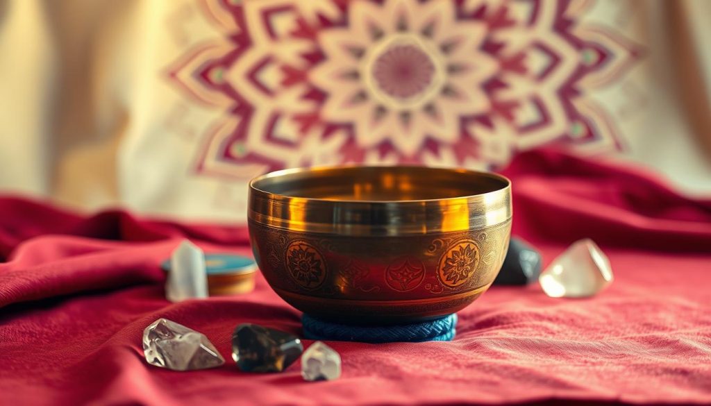 A serene and focused scene featuring a Tibetan singing bowl placed on a soft, richly colored fabric altar. The bowl, made of bronze with intricate engravings, glistens softly under warm, golden light, illuminating its curved edges and deep interior. Surrounding the bowl are various crystals corresponding to the chakras, placed thoughtfully to indicate their vibrational frequencies. In the background, a softly blurred out mandala pattern enhances the spiritual atmosphere. The image is captured from a slight overhead angle, with a shallow depth of field to emphasize the bowl and crystals in the foreground. The mood is tranquil and meditative, inviting viewers to explore the connection between sound and intention. A serene and focused scene featuring a Tibetan singing bowl placed on a soft, richly colored fabric altar. The bowl, made of bronze with intricate engravings, glistens softly under warm, golden light, illuminating its curved edges and deep interior. Surrounding the bowl are various crystals corresponding to the chakras, placed thoughtfully to indicate their vibrational frequencies. In the background, a softly blurred out mandala pattern enhances the spiritual atmosphere. The image is captured from a slight overhead angle, with a shallow depth of field to emphasize the bowl and crystals in the foreground. The mood is tranquil and meditative, inviting viewers to explore the connection between sound and intention.