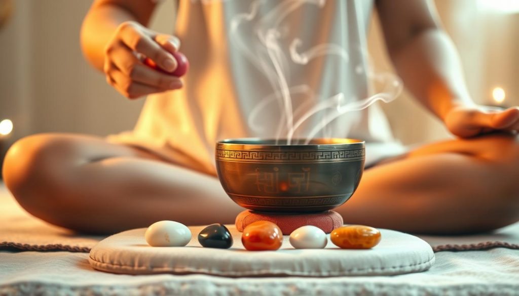 A serene and tranquil scene depicting the art of playing a Tibetan singing bowl. In the foreground, a pair of hands gently strikes the bowl with a mallet, creating rhythmic vibrations. The bowl, intricately designed with traditional symbols, rests on a soft cushion, reflecting warm golden hues. In the middle ground, an array of seven chakra stones, each in vibrant colors, surrounds the bowl, symbolizing balance and healing. In the background, a softly lit meditation space, with subtle wisps of incense smoke swirling through the air, adds a mystical ambiance. The lighting is soft and ethereal, creating a calming atmosphere. The composition captures a sense of peaceful focus, inviting the viewer into this meditative practice. A serene and tranquil scene depicting the art of playing a Tibetan singing bowl. In the foreground, a pair of hands gently strikes the bowl with a mallet, creating rhythmic vibrations. The bowl, intricately designed with traditional symbols, rests on a soft cushion, reflecting warm golden hues. In the middle ground, an array of seven chakra stones, each in vibrant colors, surrounds the bowl, symbolizing balance and healing. In the background, a softly lit meditation space, with subtle wisps of incense smoke swirling through the air, adds a mystical ambiance. The lighting is soft and ethereal, creating a calming atmosphere. The composition captures a sense of peaceful focus, inviting the viewer into this meditative practice.