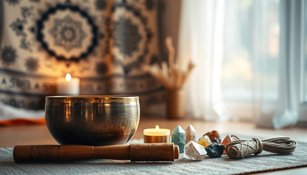 A serene interior space featuring a beautifully arranged Tibetan singing bowl set on a mat. In the foreground, a polished brass Tibetan bowl with intricate engravings and a soft mallet rests beside crystals representing the seven chakras, each in vibrant colors. The middle ground includes a softly diffused candle, creating a warm glow, and fresh sage bundled for smudging. Surrounding elements include a delicate tapestry hanging on the wall, showcasing calming mandalas and spiritual symbols. The background is softly blurred, emphasizing the peaceful ambiance, with warm, natural lighting filtering through a nearby window, suggesting a tranquil atmosphere ideal for meditation. The composition invites a sense of mindfulness and focus on the practice of chakra alignment. A serene interior space featuring a beautifully arranged Tibetan singing bowl set on a mat. In the foreground, a polished brass Tibetan bowl with intricate engravings and a soft mallet rests beside crystals representing the seven chakras, each in vibrant colors. The middle ground includes a softly diffused candle, creating a warm glow, and fresh sage bundled for smudging. Surrounding elements include a delicate tapestry hanging on the wall, showcasing calming mandalas and spiritual symbols. The background is softly blurred, emphasizing the peaceful ambiance, with warm, natural lighting filtering through a nearby window, suggesting a tranquil atmosphere ideal for meditation. The composition invites a sense of mindfulness and focus on the practice of chakra alignment.
