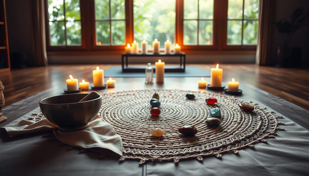 A serene meditation space designed for chakra alignment. In the foreground, a beautifully crafted Tibetan singing bowl rests on a silk cloth, surrounded by seven colorful chakra stones arranged in a circle. The middle ground features an intricately woven mat with soft, natural fibers, placed in the center of the room. Sacred candles flicker gently, casting warm, inviting light that enhances a calming atmosphere. In the background, lush greenery is visible through large windows, allowing natural light to flood the room. The overall scene exudes tranquility and readiness for meditation, with a soft, focused perspective that draws the viewer into a peaceful, spiritual environment. The lighting is soft and warm, creating an inviting and nurturing ambiance. A serene meditation space designed for chakra alignment. In the foreground, a beautifully crafted Tibetan singing bowl rests on a silk cloth, surrounded by seven colorful chakra stones arranged in a circle. The middle ground features an intricately woven mat with soft, natural fibers, placed in the center of the room. Sacred candles flicker gently, casting warm, inviting light that enhances a calming atmosphere. In the background, lush greenery is visible through large windows, allowing natural light to flood the room. The overall scene exudes tranquility and readiness for meditation, with a soft, focused perspective that draws the viewer into a peaceful, spiritual environment. The lighting is soft and warm, creating an inviting and nurturing ambiance.