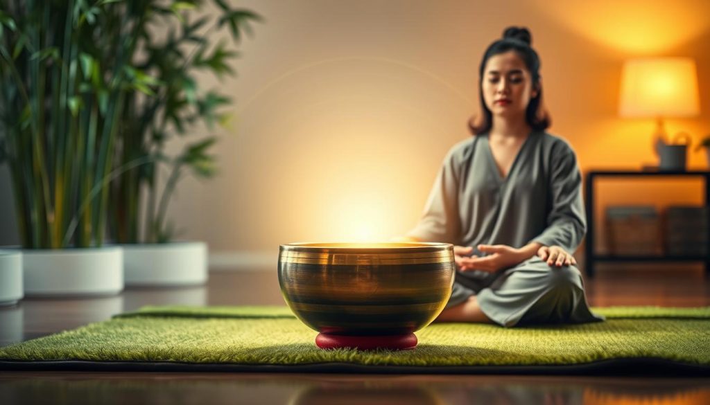 A serene scene depicting a person sitting cross-legged on a lush green mat, meditating with a Tibetan singing bowl in front of them. The bowl emits a gentle, luminous light, symbolizing vibrations, with soft, wavy lines radiating outward that represent sound waves interacting with the body. In the foreground, the meditator, dressed in modest, comfortable attire, has a calm expression. The middle layer features soft-focus plants, perhaps bamboo or flowers, creating a peaceful environment. In the background, a softly lit room with warm, ambient lighting enhances the tranquil atmosphere. The image conveys harmony and holistic well-being, emphasizing the connection between sound vibrations and the body’s energy centers. The overall mood is calming and reflective, ideal for illustrating the effects of Tibetan bowls. A serene scene depicting a person sitting cross-legged on a lush green mat, meditating with a Tibetan singing bowl in front of them. The bowl emits a gentle, luminous light, symbolizing vibrations, with soft, wavy lines radiating outward that represent sound waves interacting with the body. In the foreground, the meditator, dressed in modest, comfortable attire, has a calm expression. The middle layer features soft-focus plants, perhaps bamboo or flowers, creating a peaceful environment. In the background, a softly lit room with warm, ambient lighting enhances the tranquil atmosphere. The image conveys harmony and holistic well-being, emphasizing the connection between sound vibrations and the body’s energy centers. The overall mood is calming and reflective, ideal for illustrating the effects of Tibetan bowls.