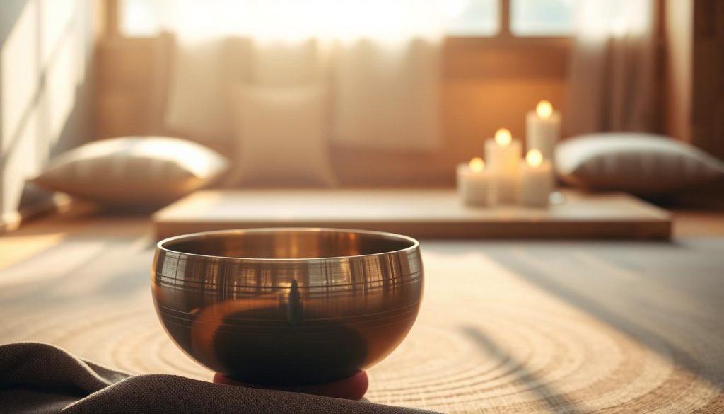 A serene scene featuring a Tibetan singing bowl positioned prominently in the foreground, its polished metallic surface reflecting soft, warm light. The bowl is surrounded by delicate vibrational waves visualized as ethereal ripples emanating from it, creating a sense of sound and tranquility. In the middle ground, a softly illuminated meditation space with natural wood elements, cushions, and flickering candles in the background, enhances the calming atmosphere. The lighting is gentle and diffused, suggesting early morning or late afternoon light, casting long shadows that evoke a peaceful, meditative mood. The angle captures the bowl from slightly above, emphasizing its craftsmanship and the vibrations that influence emotional well-being. A serene scene featuring a Tibetan singing bowl positioned prominently in the foreground, its polished metallic surface reflecting soft, warm light. The bowl is surrounded by delicate vibrational waves visualized as ethereal ripples emanating from it, creating a sense of sound and tranquility. In the middle ground, a softly illuminated meditation space with natural wood elements, cushions, and flickering candles in the background, enhances the calming atmosphere. The lighting is gentle and diffused, suggesting early morning or late afternoon light, casting long shadows that evoke a peaceful, meditative mood. The angle captures the bowl from slightly above, emphasizing its craftsmanship and the vibrations that influence emotional well-being.