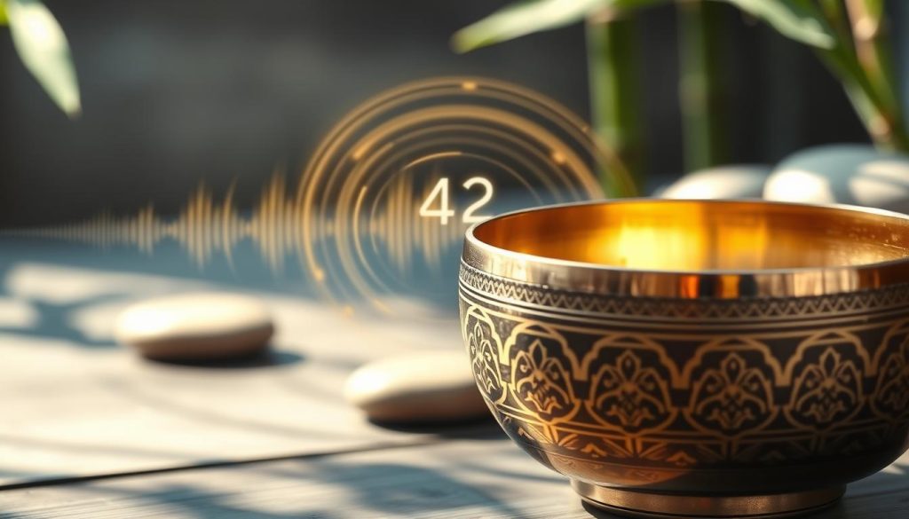 A serene scene featuring a beautifully crafted Tibetan singing bowl, resonating with the energy of 432 Hz. In the foreground, the intricate patterns on the bowl's surface reflect natural light, highlighting its craftsmanship. Soft, calming colors, like deep blues and warm golds, create a tranquil atmosphere. In the middle ground, a gently glowing sound wave emanates from the bowl, visually representing the vibrations of the 432 Hz frequency, swirling in harmonious patterns. The background is softly blurred, featuring natural elements like bamboo and smooth stones, enhancing the sense of peace and connection to nature. The image captures the essence of harmony and balance, inviting the viewer to explore the difference between tuning frequencies, evoking curiosity and contemplation. Soft, natural lighting enhances the mood, with a focus on the bowl at an eye-level angle for an intimate perspective that invites connection. A serene scene featuring a beautifully crafted Tibetan singing bowl, resonating with the energy of 432 Hz. In the foreground, the intricate patterns on the bowl's surface reflect natural light, highlighting its craftsmanship. Soft, calming colors, like deep blues and warm golds, create a tranquil atmosphere. In the middle ground, a gently glowing sound wave emanates from the bowl, visually representing the vibrations of the 432 Hz frequency, swirling in harmonious patterns. The background is softly blurred, featuring natural elements like bamboo and smooth stones, enhancing the sense of peace and connection to nature. The image captures the essence of harmony and balance, inviting the viewer to explore the difference between tuning frequencies, evoking curiosity and contemplation. Soft, natural lighting enhances the mood, with a focus on the bowl at an eye-level angle for an intimate perspective that invites connection.